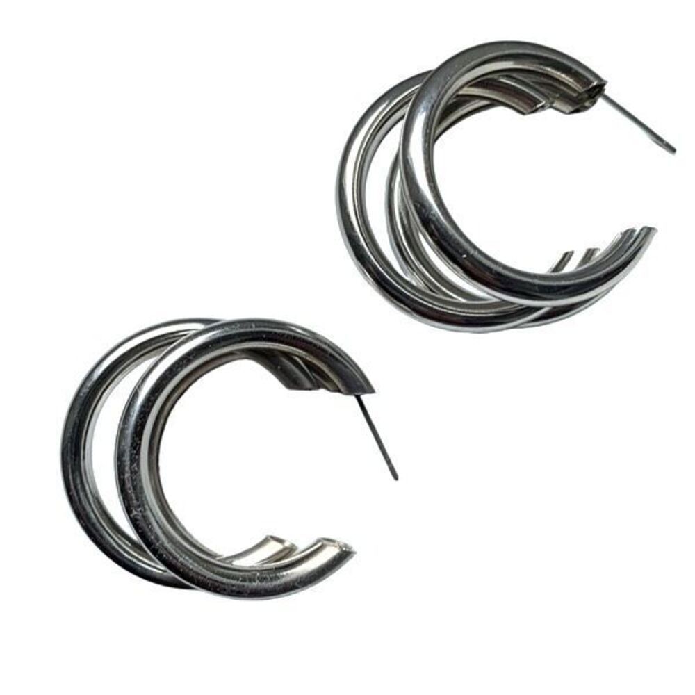 Men’s Hollow Triple Hoop Silver Tone Earrings Tri Hoop Earrings